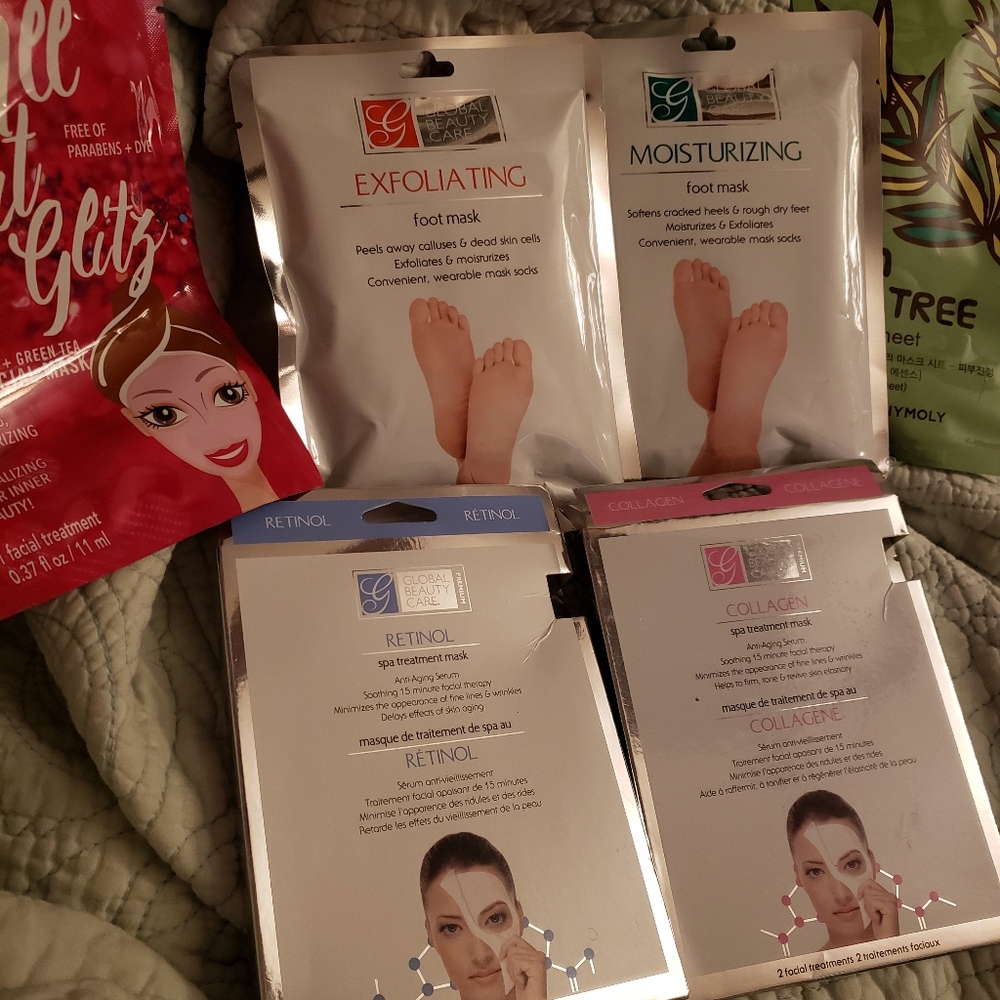 Assortment of facial masks and foot masks